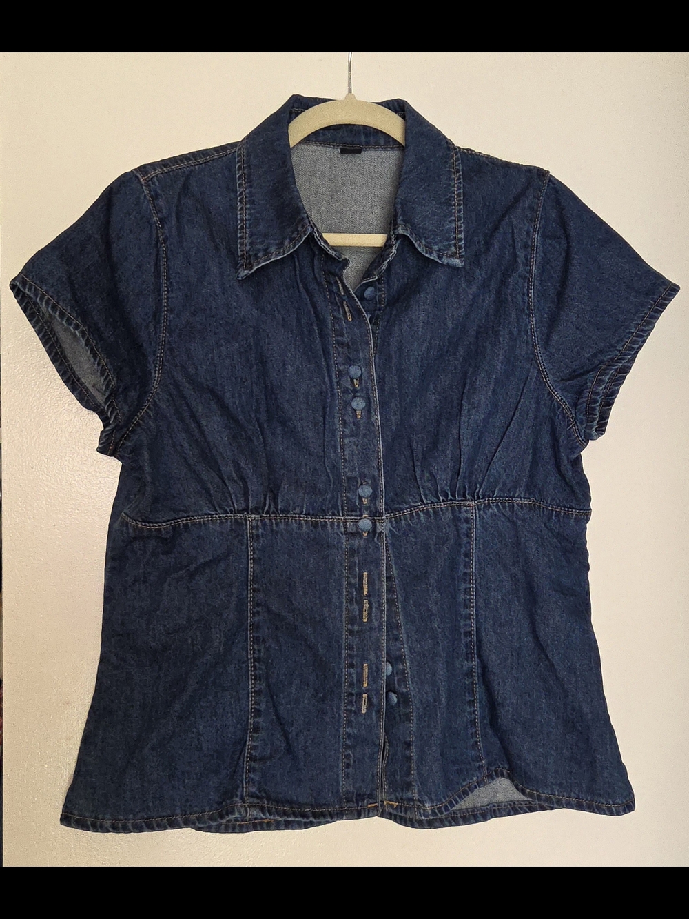 Women’s Dark Blue Denim Button-Front Short Sleeve Top